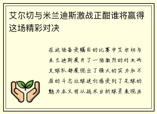艾尔切与米兰迪斯激战正酣谁将赢得这场精彩对决